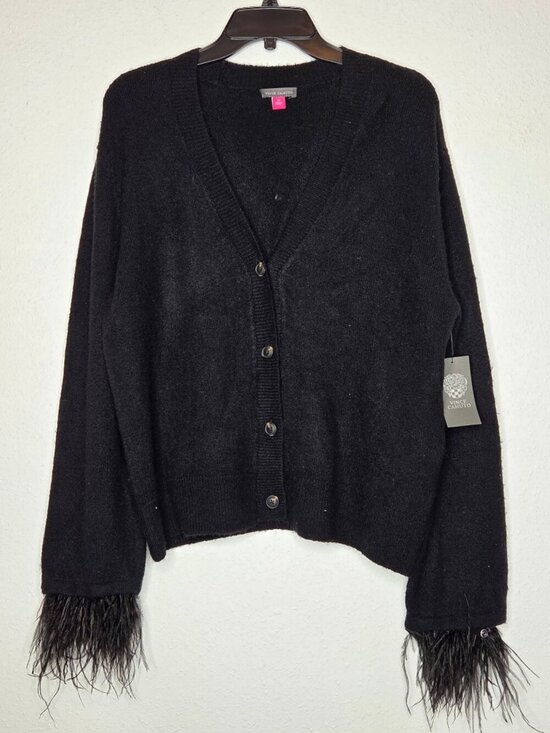 Vince Camuto Sweaters - Vince Camuto Faux-Feather Trim V-Neck Cardigan